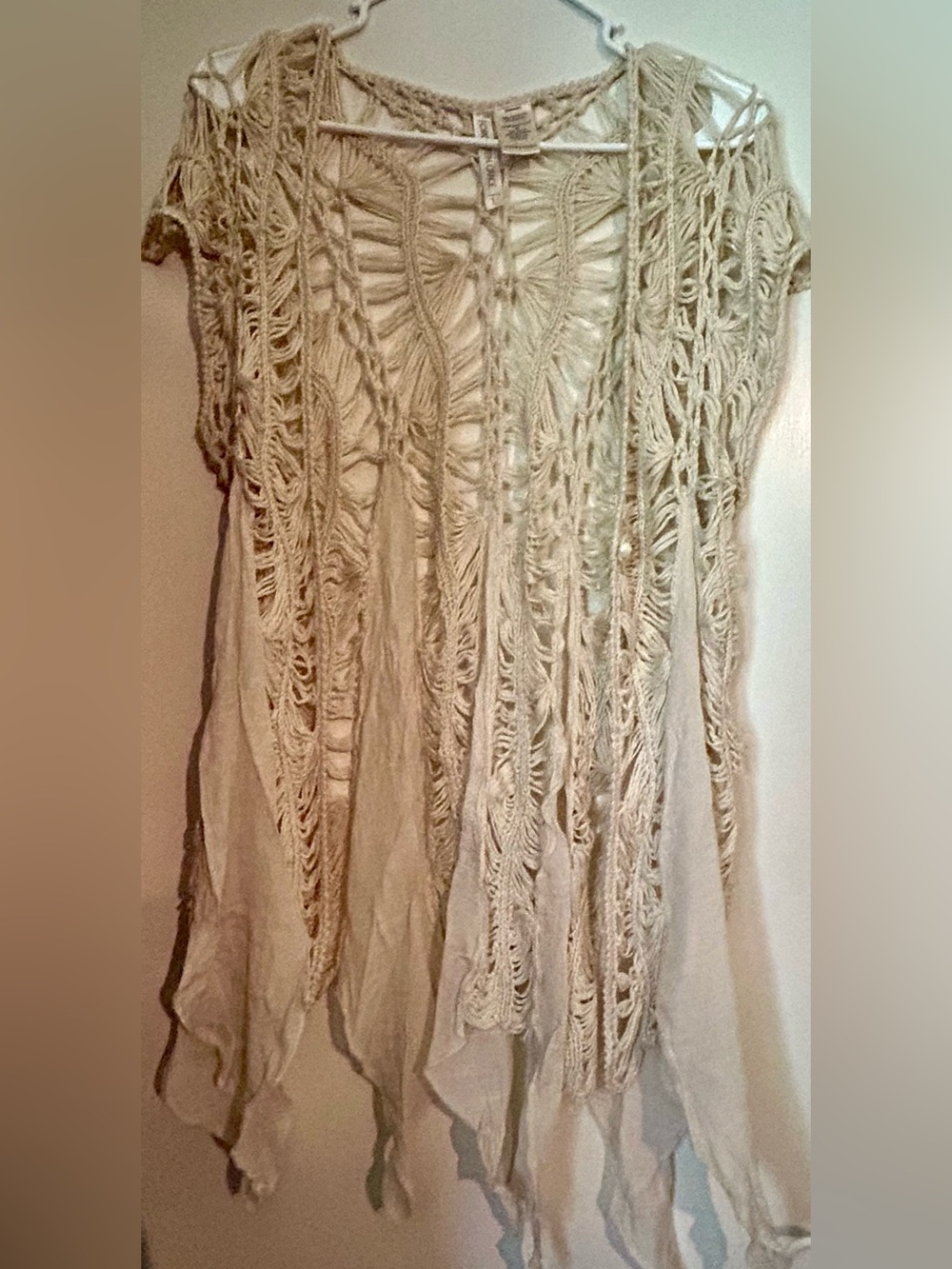 Boho Crochet Fringe Lightweight kimono in Cream by Forgettable Grace Size L